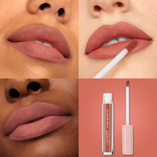 ColourPop Ultra Matte Lip So Me - a rose-brown liquid lipstick - applies with a doe-foot to a soft matte finish, shown on varied skin tones and alongside the open tube and wand on a warm terracotta backdrop.