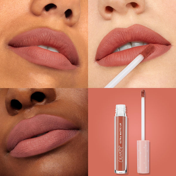 ColourPop Ultra Matte Lip So Me - a rose-brown liquid lipstick - applies with a doe-foot to a soft matte finish, shown on varied skin tones and alongside the open tube and wand on a warm terracotta backdrop.