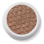 ColourPop So Quiche Super Shock Shadow, a metallic olive‑taupe eyeshadow with pink and gold sparkle, catching light in its bouncy, dimpled pan inside a white twist pot, shown in a clean close-up on a white background.