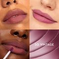 ColourPop Ultra Blotted Lip So Vintage coats lips in a soft matte berry‑mauve tint, shown across multiple skin tones; a doe‑foot applicator applies the shade, and a mauve swatch with SO VINTAGE label completes the grid.
