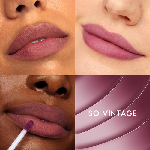 ColourPop Ultra Blotted Lip So Vintage coats lips in a soft matte berry‑mauve tint, shown across multiple skin tones; a doe‑foot applicator applies the shade, and a mauve swatch with SO VINTAGE label completes the grid.