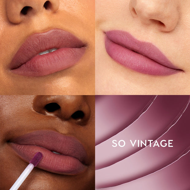 ColourPop Ultra Blotted Lip So Vintage coats lips in a soft matte berry‑mauve tint, shown across multiple skin tones; a doe‑foot applicator applies the shade, and a mauve swatch with SO VINTAGE label completes the grid.