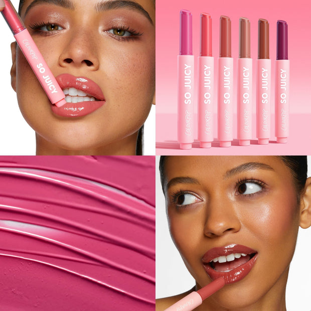 ColourPop So Juicy Plumping Gloss Balm with Peptides slicks on high-shine color as two models apply the She’s So Juicy gloss; a row of pink tubes shows shades from bright pink to nude to berry, with a glossy swatch highlighting the cushiony finish.