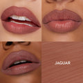 ColourPop So Juicy Plumping Lip Liner with Peptides in Jaguar lining and filling lips across three skin tones, revealing a creamy rosy-brown nude finish, shown in a four-square grid with a matching texture swatch labeled JAGUAR.