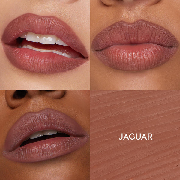 ColourPop So Juicy Plumping Lip Liner with Peptides in Jaguar lining and filling lips across three skin tones, revealing a creamy rosy-brown nude finish, shown in a four-square grid with a matching texture swatch labeled JAGUAR.