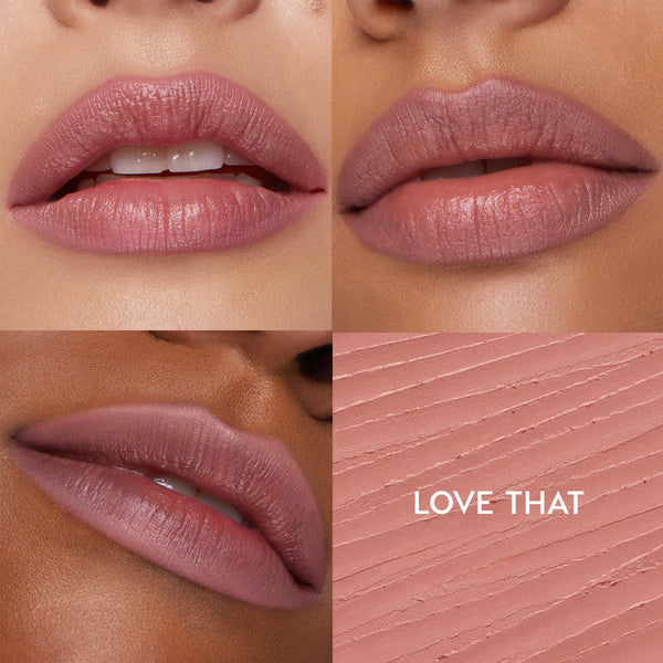 ColourPop So Juicy Plumping Lip Liner with Peptides, shade Love That, lines and fills lips in a cool mauve-pink on three models; grid features three close-up lip looks and a textured liner swatch labeled LOVE THAT.