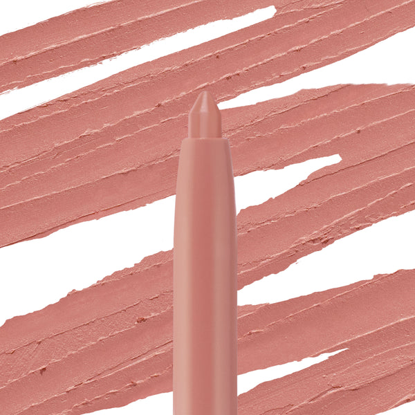 ColourPop So Juicy Plumping Lip Liner with Peptides in Love That draws creamy warm rosy‑nude swatches on a white background, with the twist‑up tip centered to showcase pigment, smooth payoff, and matte finish.