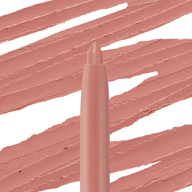 ColourPop So Juicy Plumping Lip Liner with Peptides in Love That draws creamy warm rosy‑nude swatches on a white background, with the twist‑up tip centered to showcase pigment, smooth payoff, and matte finish.