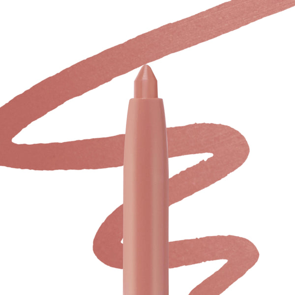 ColourPop So Juicy Plumping Lip Liner with Peptides in Love That glides a warm rosy nude line, shown with the twist-up tip centered and a matching swoosh swatch on a white background to highlight smooth payoff and precise definition.
