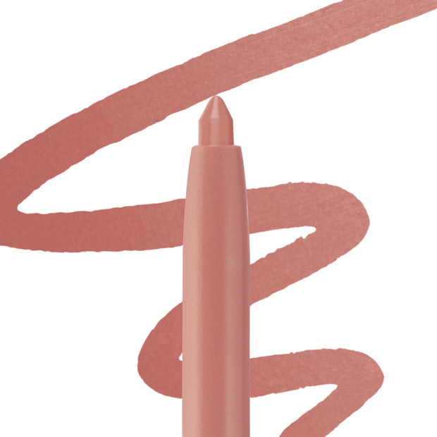 ColourPop So Juicy Plumping Lip Liner with Peptides in Love That glides a warm rosy nude line, shown with the twist-up tip centered and a matching swoosh swatch on a white background to highlight smooth payoff and precise definition.