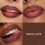 ColourPop So Juicy Plumping Lip Liner with Peptides in Mocha Latte defines and plumps lips - three close-up swatches show the rich mocha-brown shade on lips, next to a matching smear swatch labeled "MOCHA LATTE."