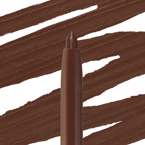 ColourPop So Juicy Plumping Lip Liner with Peptides in Mocha Latte stands upright with its pointed tip exposed as smooth, opaque mocha-brown swatches sweep across a white background, showcasing the creamy, plumping lip pencil shade.