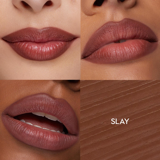 ColourPop So Juicy Plumping Lip Liner with Peptides in Slay defines and plumps lips on three skin tones in a four-panel grid, showing a neutral rose-brown shade and creamy payoff, plus a close-up texture swatch with the shade name.