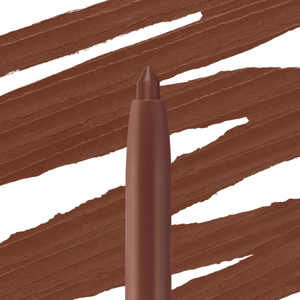 Slay, a ColourPop So Juicy Plumping Lip Liner with Peptides, features a creamy retractable tip drawing smooth chocolate-brown swatch lines on a white backdrop, showcasing the warm brown shade and precise definition for fuller-looking lips.