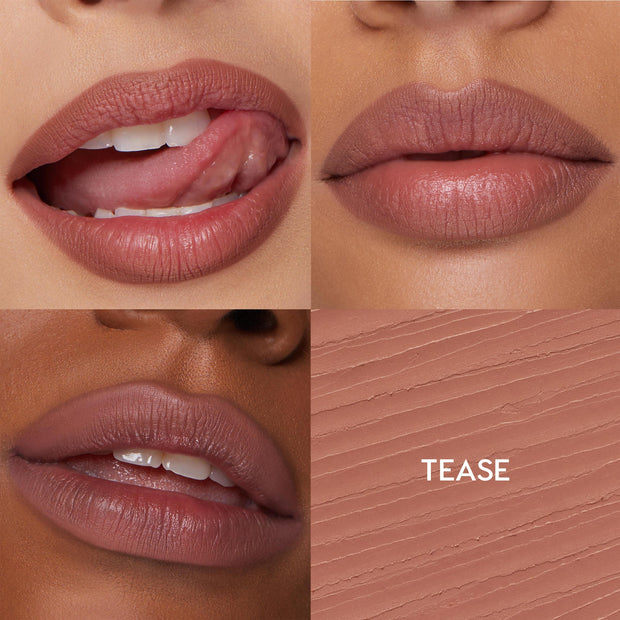 Tease shade of ColourPop So Juicy Plumping Lip Liner with Peptides defining and plumping lips - three close-up wear shots across different skin tones plus a textured rosy nude swatch labeled TEASE in a 4-panel grid.