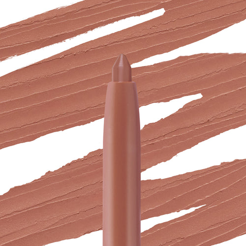 Tease lip liner crayon stands upright with its pointed tip exposed against sweeping creamy warm rosy‑nude swatches; ColourPop So Juicy Plumping Lip Liner with Peptides shows smooth, precise payoff for defining and filling lips.