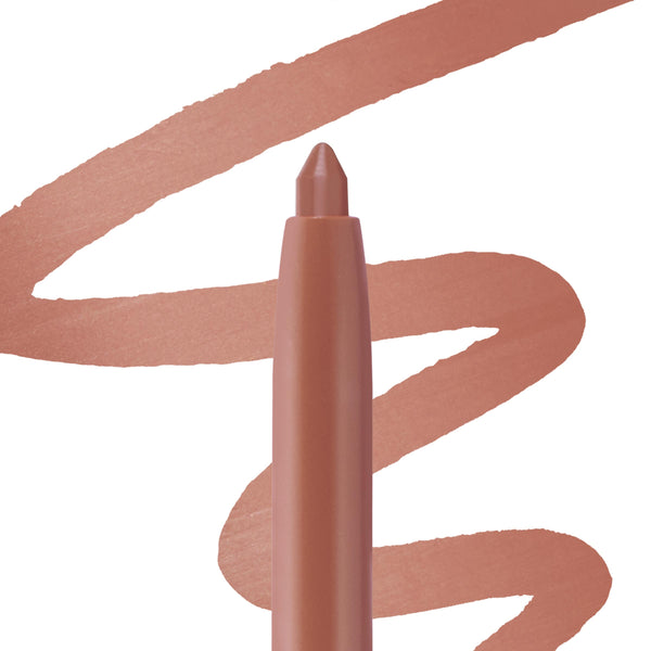 ColourPop So Juicy Plumping Lip Liner with Peptides in Tease draws a smooth warm nude-pink swatch, the creamy tip centered on a white background, showcasing precise payoff and a plumping, lip-defining finish.