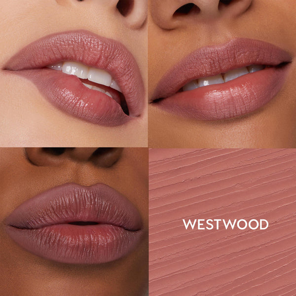 ColourPop So Juicy Plumping Lip Liner with Peptides in Westwood defining and filling lips, showcasing a plumped dusty-rose finish on three skin tones beside a close-up textured swatch labeled WESTWOOD.
