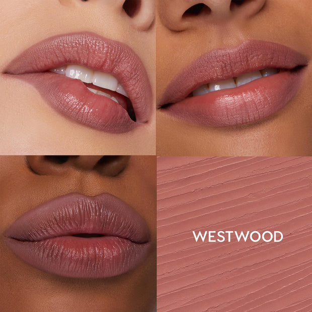 ColourPop So Juicy Plumping Lip Liner with Peptides in Westwood defining and filling lips, showcasing a plumped dusty-rose finish on three skin tones beside a close-up textured swatch labeled WESTWOOD.