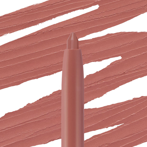 ColourPop So Juicy Plumping Lip Liner with Peptides in Westwood, twist-up tip exposed, showing creamy warm rosy‑nude color; bold matching swatches sweep across a white background to highlight smooth payoff and precision.