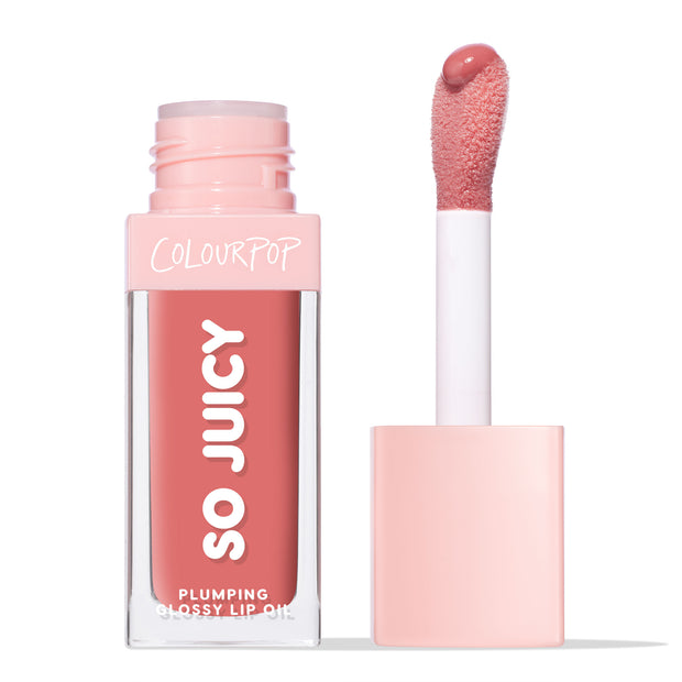 ColourPop So Juicy Plumping Glossy Lip Oil in Hits Diff stands with cap off, a doe-foot wand loaded with rosy pink gloss beside the clear rectangular tube labeled SO JUICY, pink cap and branding visible against a white background.