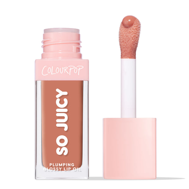 ColourPop So Juicy Plumping Glossy Lip Oil in It’s a Date shown with the pink cap off, a doe‑foot applicator holding peachy nude gloss beside the clear rectangular tube on a clean white background.