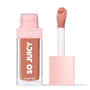 ColourPop So Juicy Plumping Glossy Lip Oil in It’s a Date shown with the pink cap off, a doe‑foot applicator holding peachy nude gloss beside the clear rectangular tube on a clean white background.