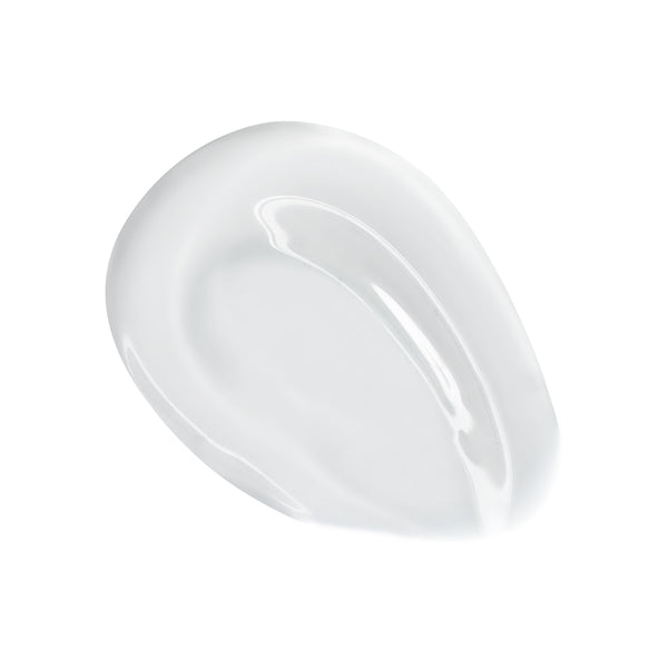 Clear, high-shine swatch of Lychee Jelly from the ColourPop So Juicy Plumping Glossy Lip Oil, glistening in a curved smear to showcase its glassy, non-tinted finish and smooth texture against a clean white background.