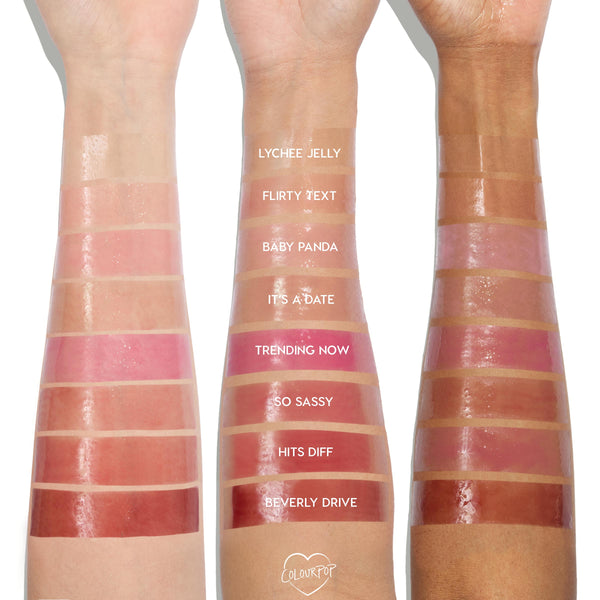 ColourPop So Juicy Plumping Glossy Lip Oil in So Sassy swatched on three forearms, showing a warm rosy pink, glassy shine and plumping finish, with shade names labeled for comparison across light, medium, and deep skin tones.