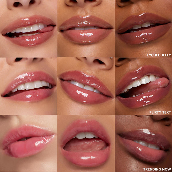 Glossy lips wear Charmed and Juicy shades, displayed in a 3x3 grid of close-ups showing high-shine payoff; shade names Lychee Jelly, Flirty Text, and Trending Now - part of the ColourPop So Juicy Lip Oil and Necklace Set.