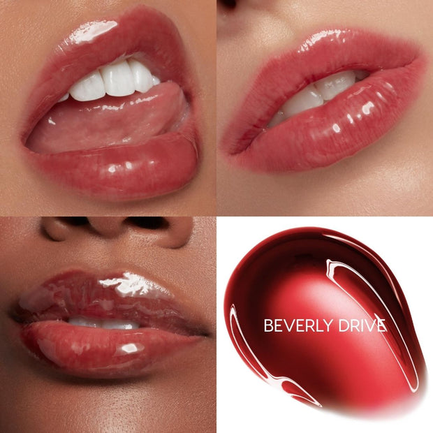 ColourPop So Juicy Plumping Glossy Lip Oil in Beverly Drive coats lips with a sheer rosy-red, high-shine finish; three close-ups show the plumped, glassy look beside a red gel swatch labeled BEVERLY DRIVE.