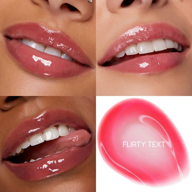 ColourPop So Juicy Plumping Glossy Lip Oil in Flirty Text coats lips with a sheer rosy pink, high-shine finish, shown in a four-panel close-up grid of lips at different angles alongside a glossy pink gel swatch labeled “FLIRTY TEXT.”