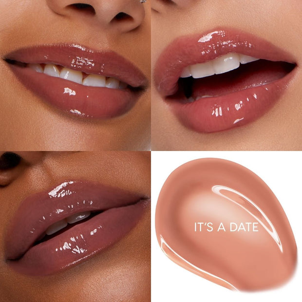 Glossy nude-rose lips wear It’s a Date, a high-shine shade of the ColourPop So Juicy Plumping Glossy Lip Oil, shown in a 4-panel grid with three close-up lip shots and a creamy swatch labeled “IT’S A DATE,” highlighting smooth plumping finish.