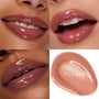 Glossy nude-rose lips wear It’s a Date, a high-shine shade of the ColourPop So Juicy Plumping Glossy Lip Oil, shown in a 4-panel grid with three close-up lip shots and a creamy swatch labeled “IT’S A DATE,” highlighting smooth plumping finish.