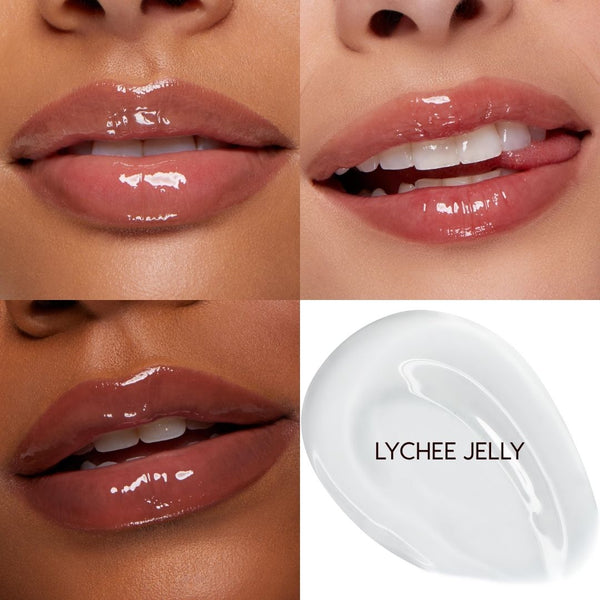ColourPop So Juicy Plumping Glossy Lip Oil in Lychee Jelly coats lips with a high-shine, plumping finish, shown in a quad of three close-up lip swatches on varied skin tones plus a milky product smear for shade reference.