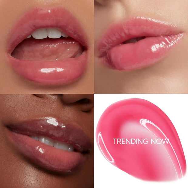 ColourPop So Juicy Plumping Glossy Lip Oil in Trending Now coats lips with a plumping, sheer rosy‑pink shine; four-panel close-up shows glossy wear on various lips and a matching pink swatch labeled Trending Now.