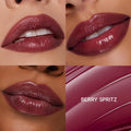 Lips wear Berry Spritz, a deep berry high-shine shade, shown on varied skin tones; a four-tile grid shows three glossy lip close-ups and one smooth formula swipe labeled Berry Spritz for the ColourPop So Juicy Plumping Gloss Balm with Peptides.