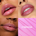 Glossy, sheer pink-shimmer lips wearing Cyberstar, the ColourPop So Juicy Plumping Gloss Balm with Peptides, shown on three models in a 2x2 grid beside a lilac-pink texture swatch labeled CYBERSTAR.