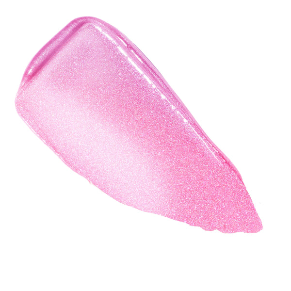 Sparkling cool pink gloss swatch swept in a thick arc on a white background, showing high-shine micro-shimmer and semi-sheer payoff - the Cyberstar shade of the ColourPop So Juicy Plumping Gloss Balm with Peptides.