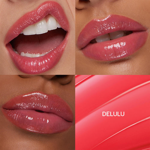 Glossy lips wearing Delulu, the ColourPop So Juicy Plumping Gloss Balm with Peptides, appear in three close-ups while a fourth shows a smooth coral-pink swatch labeled DELULU, highlighting a rosy pink, high-shine, plumping finish on multiple skin tones.
