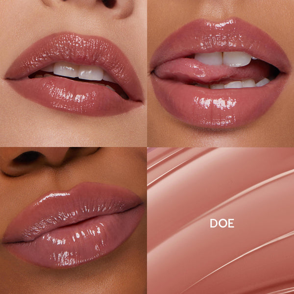 Glossy lips wearing Doe, the ColourPop So Juicy Plumping Gloss Balm with Peptides, catching light to show high-shine plumping across three close-up lip shots, next to a smooth nude-pink swatch panel labeled DOE.