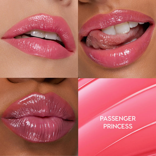 Glossy pink lips wearing Passenger Princess show a plumped, glassy finish in a 2x2 grid with three lip close-ups and a smooth coral‑pink swatch labeled Passenger Princess; ColourPop So Juicy Plumping Gloss Balm with Peptides.