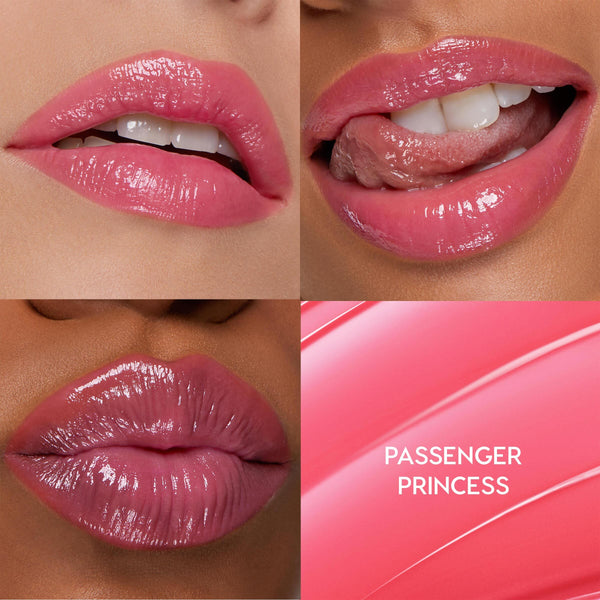 Glossy pink lips wearing Passenger Princess show a plumped, glassy finish in a 2x2 grid with three lip close-ups and a smooth coral‑pink swatch labeled Passenger Princess; ColourPop So Juicy Plumping Gloss Balm with Peptides.
