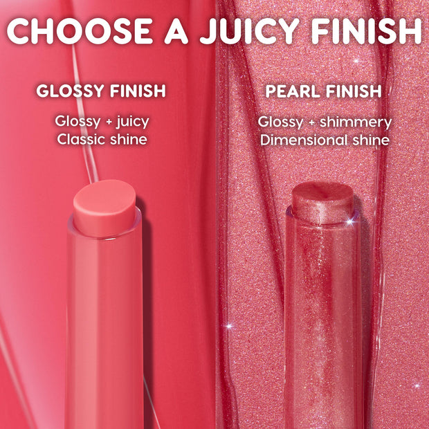 Angel Baby ColourPop So Juicy Plumping Gloss Balm with Peptides compares finishes, showing two twist-up bullets side by side - left glossy classic shine, right pearl shimmery dimensional shine - on pink swatches of the formula.