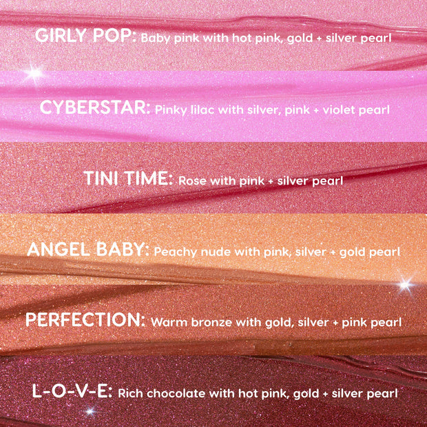 Angel Baby swatch glistening as a peachy nude with pink, silver, and gold pearl, presented among stacked shade strips; ColourPop So Juicy Plumping Gloss Balm with Peptides shown in a horizontal multi-shade swatch chart.