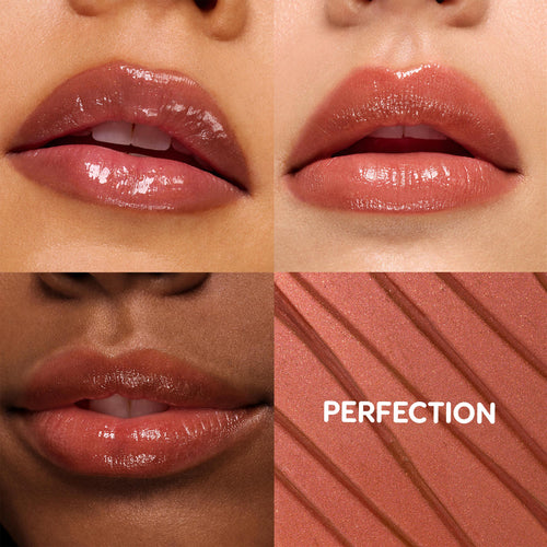 Lips wearing Perfection, a peachy‑nude ColourPop So Juicy Plumping Gloss Balm with Peptides, glisten in a 4‑panel grid on multiple skin tones, beside a shimmery balm swatch labeled “PERFECTION,” showcasing smooth, full, hydrated shine.