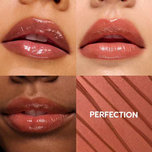 Lips wearing Perfection, a peachy‑nude ColourPop So Juicy Plumping Gloss Balm with Peptides, glisten in a 4‑panel grid on multiple skin tones, beside a shimmery balm swatch labeled “PERFECTION,” showcasing smooth, full, hydrated shine.