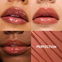 Lips wearing Perfection, a peachy‑nude ColourPop So Juicy Plumping Gloss Balm with Peptides, glisten in a 4‑panel grid on multiple skin tones, beside a shimmery balm swatch labeled “PERFECTION,” showcasing smooth, full, hydrated shine.