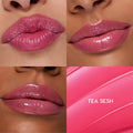 Glossy, plumped lips wearing Tea Sesh, a rosy pink ColourPop So Juicy Plumping Gloss Balm with Peptides, shown in a four-tile grid with three close-up lip shots and a bright pink swatch panel labeled TEA SESH.