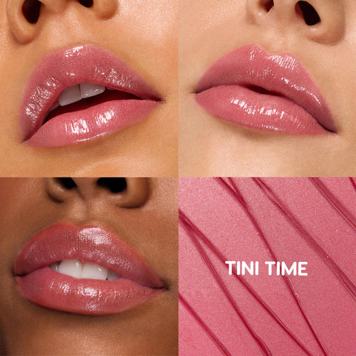 ColourPop So Juicy Plumping Gloss Balm with Peptides in Tini Time coating lips with high-shine rosy pink on three skin tones, with a fourth panel showing a shimmery pink swatch labeled TINI TIME to showcase the glossy, plumped finish.